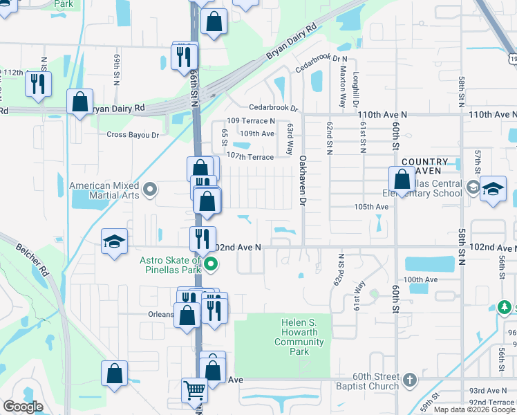map of restaurants, bars, coffee shops, grocery stores, and more near 66211 Milton Road in Pinellas Park
