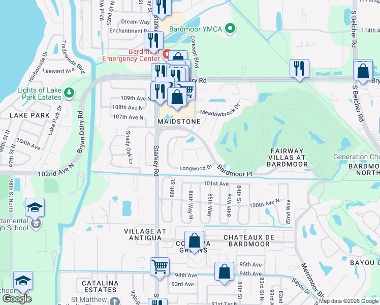 map of restaurants, bars, coffee shops, grocery stores, and more near 8638 Maidstone Court in Seminole