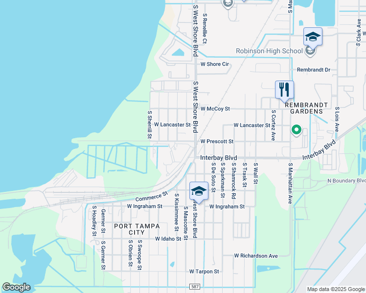 map of restaurants, bars, coffee shops, grocery stores, and more near 4950 West Prescott Street in Tampa