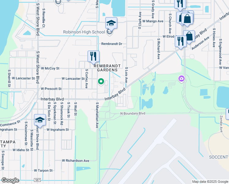 map of restaurants, bars, coffee shops, grocery stores, and more near 7701 Interbay Boulevard in Tampa