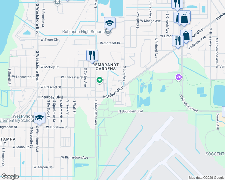 map of restaurants, bars, coffee shops, grocery stores, and more near 7701 Interbay Boulevard in Tampa
