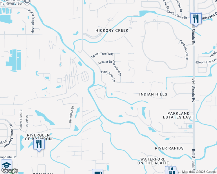map of restaurants, bars, coffee shops, grocery stores, and more near 4876 Rambling River Road in Brandon