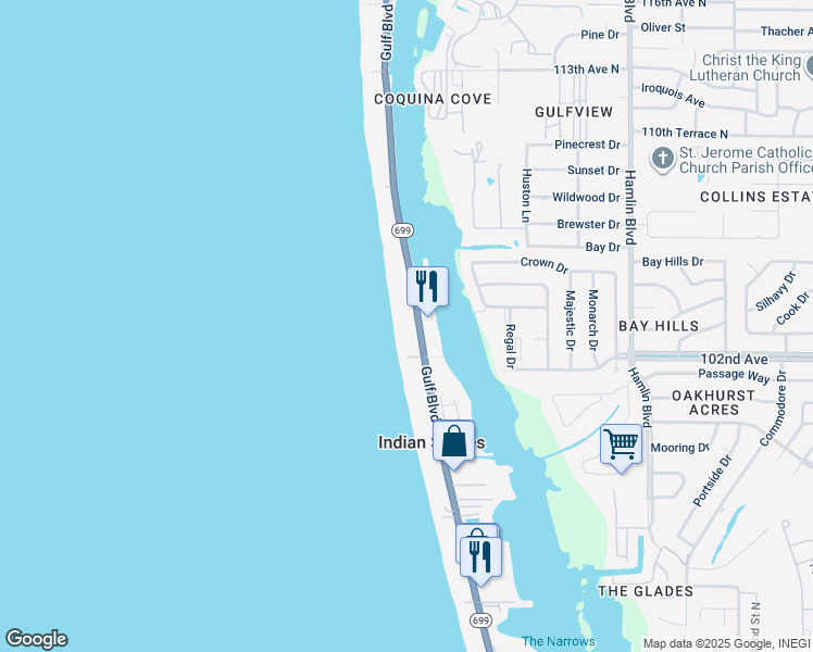 map of restaurants, bars, coffee shops, grocery stores, and more near 20002 Gulf Boulevard in Indian Shores
