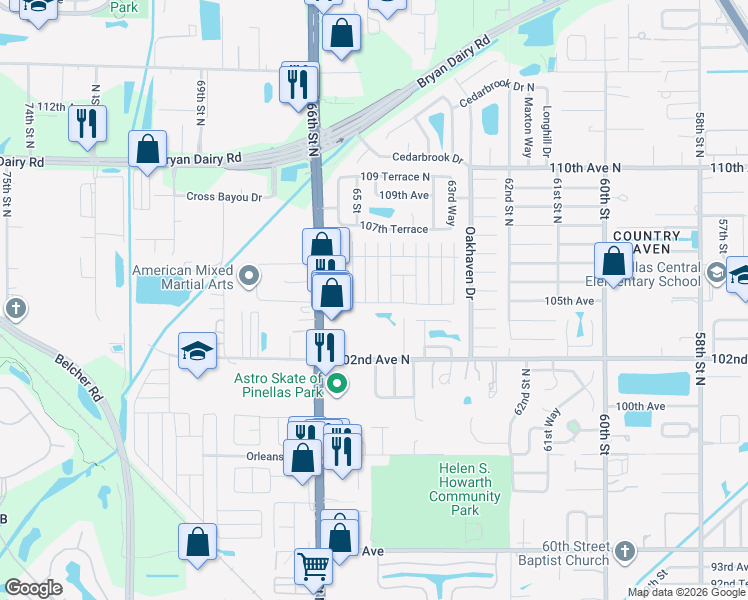 map of restaurants, bars, coffee shops, grocery stores, and more near 66168 London Road in Pinellas Park
