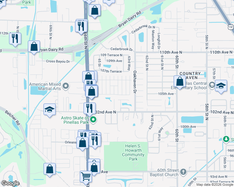 map of restaurants, bars, coffee shops, grocery stores, and more near 66211 Milton Road in Pinellas Park