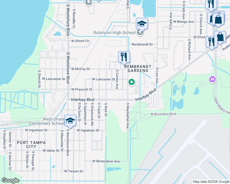 map of restaurants, bars, coffee shops, grocery stores, and more near 4424 West Prescott Street in Tampa