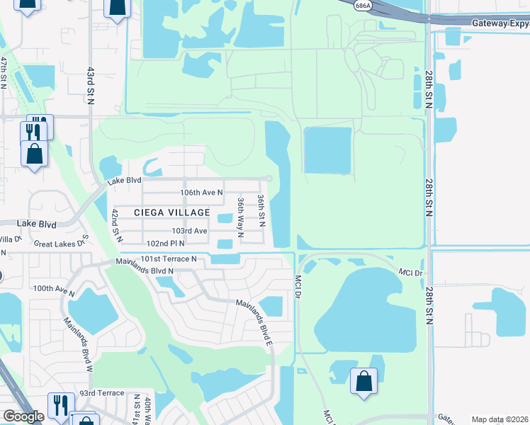 map of restaurants, bars, coffee shops, grocery stores, and more near 10451 36th Street North in Clearwater