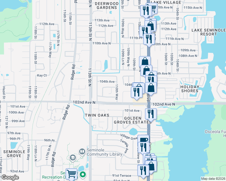 map of restaurants, bars, coffee shops, grocery stores, and more near 10332 111th Street North in Largo