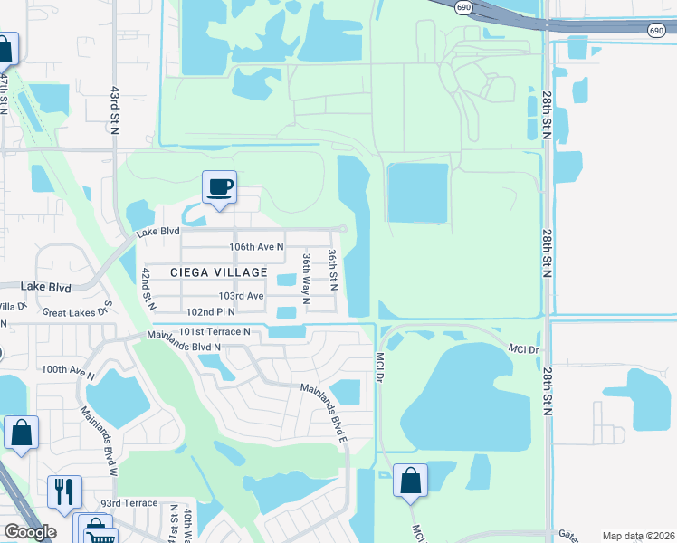 map of restaurants, bars, coffee shops, grocery stores, and more near 10451 36th Street North in Clearwater