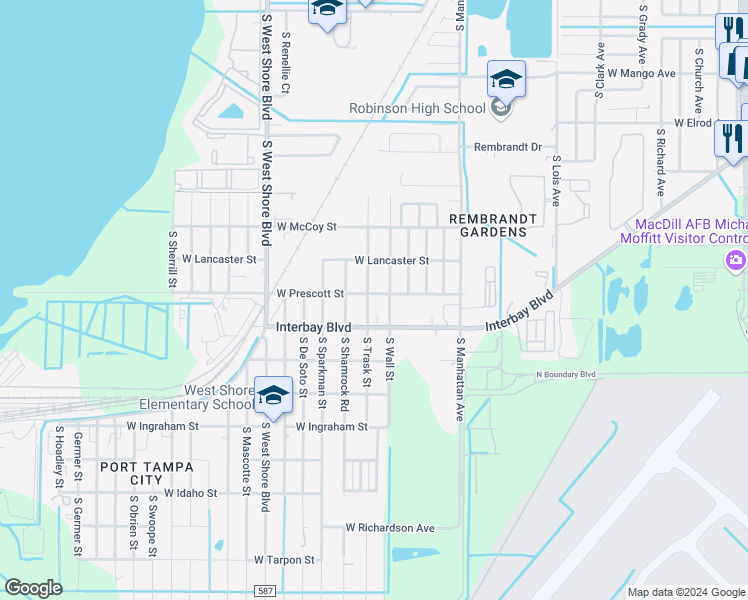 map of restaurants, bars, coffee shops, grocery stores, and more near 6818 S Trask St in Tampa