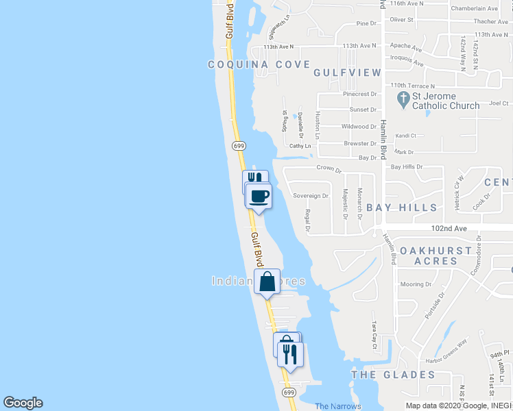 map of restaurants, bars, coffee shops, grocery stores, and more near 20025 Gulf Boulevard in Indian Shores