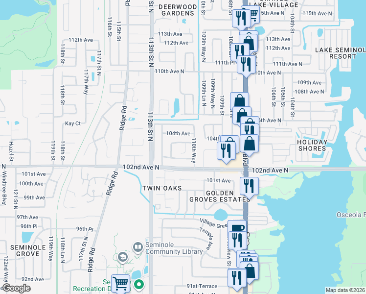 map of restaurants, bars, coffee shops, grocery stores, and more near 10332 111th Street North in Largo