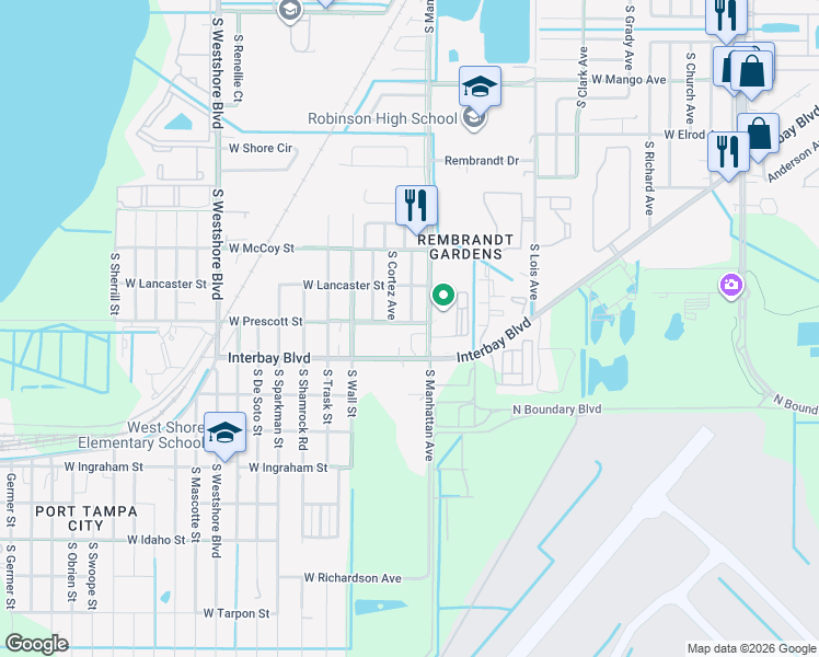 map of restaurants, bars, coffee shops, grocery stores, and more near 4408 West Prescott Street in Tampa