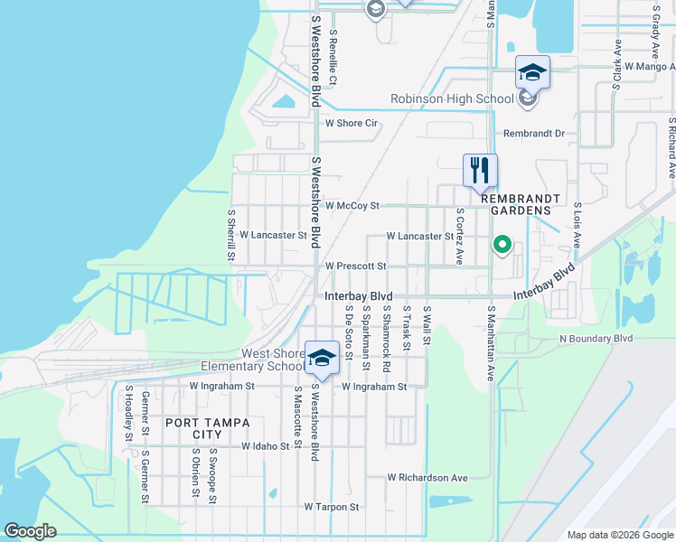 map of restaurants, bars, coffee shops, grocery stores, and more near 6819 South De Soto Street in Tampa