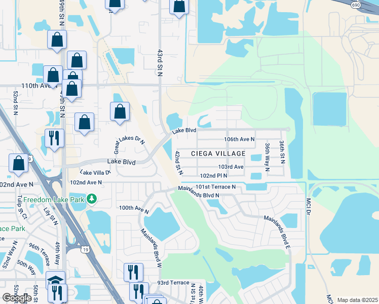 map of restaurants, bars, coffee shops, grocery stores, and more near 4112 105th Avenue North in Clearwater