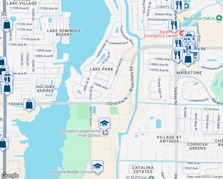 map of restaurants, bars, coffee shops, grocery stores, and more near 10370 95th Street North in Seminole