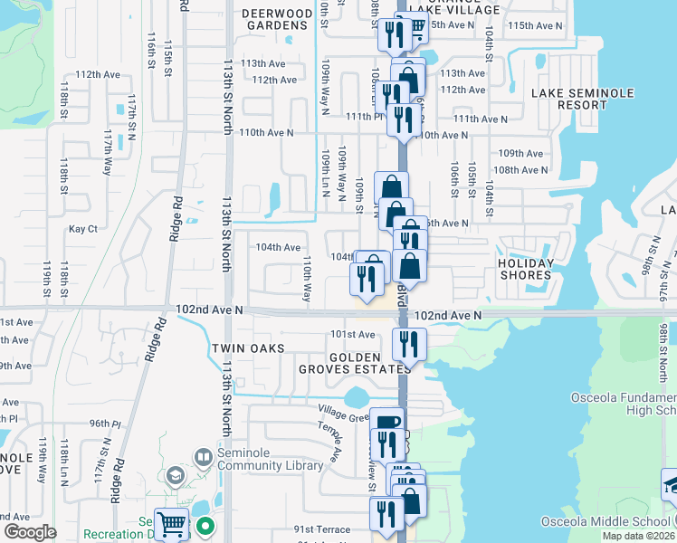 map of restaurants, bars, coffee shops, grocery stores, and more near 10885 103rd Avenue in Largo