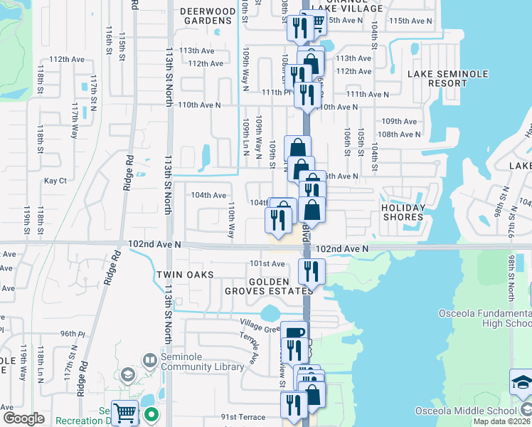 map of restaurants, bars, coffee shops, grocery stores, and more near 10885 103rd Avenue in Largo