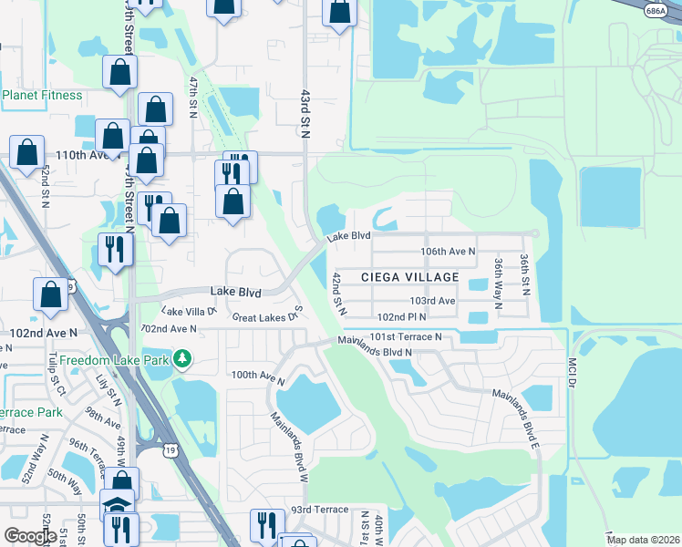 map of restaurants, bars, coffee shops, grocery stores, and more near 4188 105th Avenue North in Clearwater
