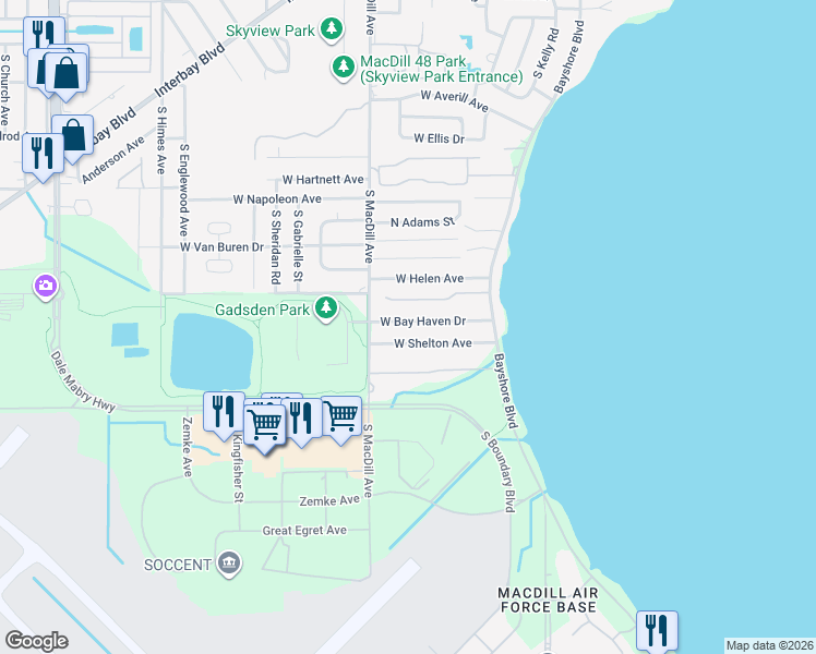 map of restaurants, bars, coffee shops, grocery stores, and more near 2830 West Bay Haven Drive in Tampa