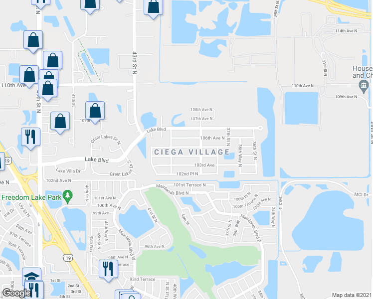 map of restaurants, bars, coffee shops, grocery stores, and more near 3984 105th Avenue North in Clearwater