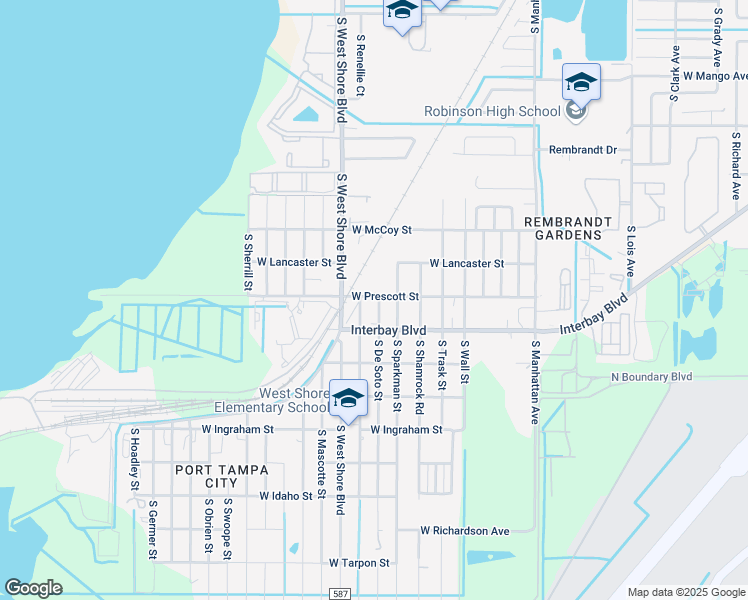 map of restaurants, bars, coffee shops, grocery stores, and more near 6819 South De Soto Street in Tampa