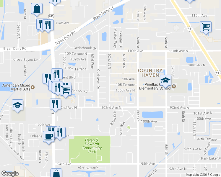 map of restaurants, bars, coffee shops, grocery stores, and more near 6161 105th Avenue in Pinellas Park