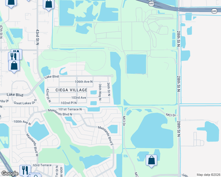 map of restaurants, bars, coffee shops, grocery stores, and more near 10451 36th Street North in Clearwater