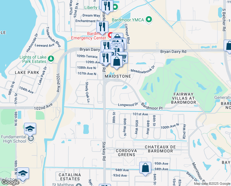 map of restaurants, bars, coffee shops, grocery stores, and more near 10450 Longwood Drive in Seminole