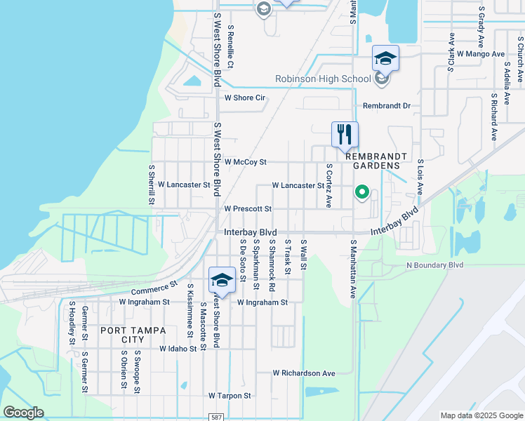 map of restaurants, bars, coffee shops, grocery stores, and more near 6821 South Shamrock Road in Tampa