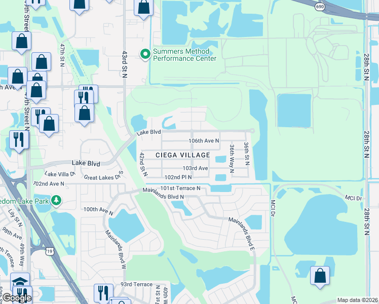 map of restaurants, bars, coffee shops, grocery stores, and more near 3896 105th Avenue North in Clearwater
