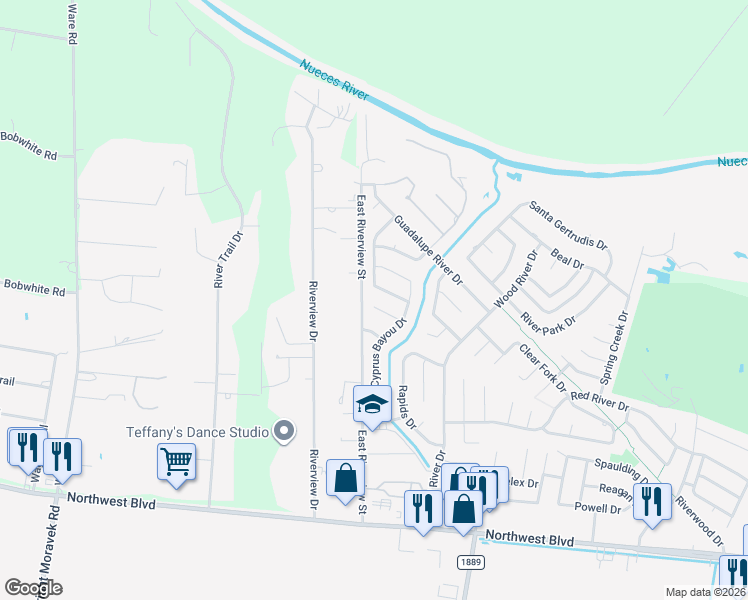 map of restaurants, bars, coffee shops, grocery stores, and more near 15426 Basswood Drive in Corpus Christi