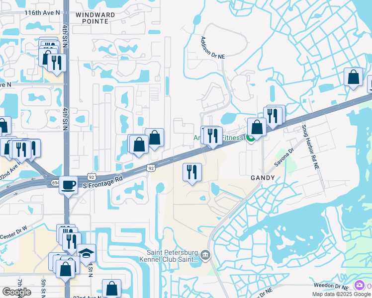 map of restaurants, bars, coffee shops, grocery stores, and more near 10475 Gandy Boulevard North in St. Petersburg