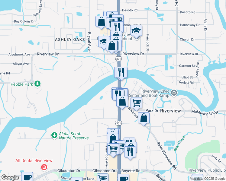 map of restaurants, bars, coffee shops, grocery stores, and more near 8441 U.S. 301 in Riverview