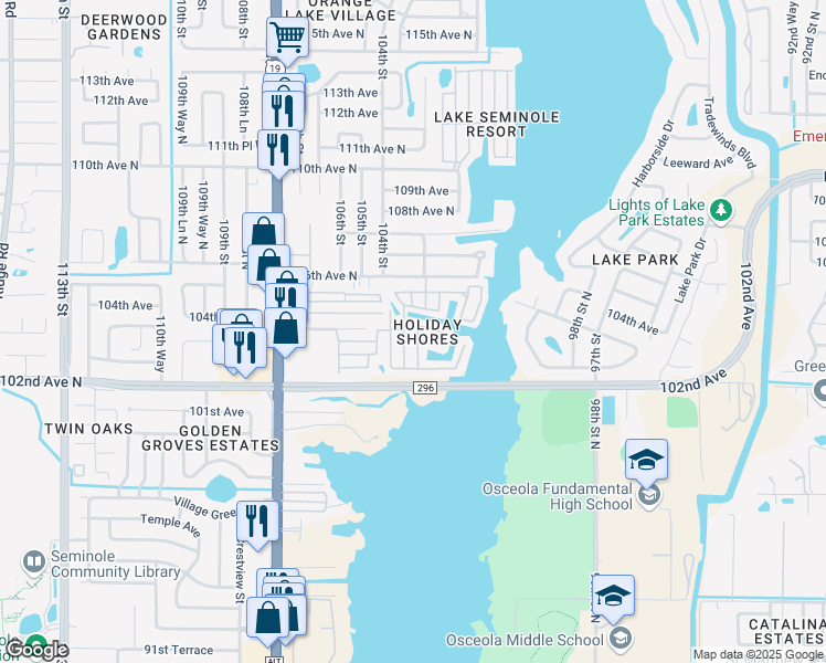 map of restaurants, bars, coffee shops, grocery stores, and more near 10184 106th Avenue North in Largo