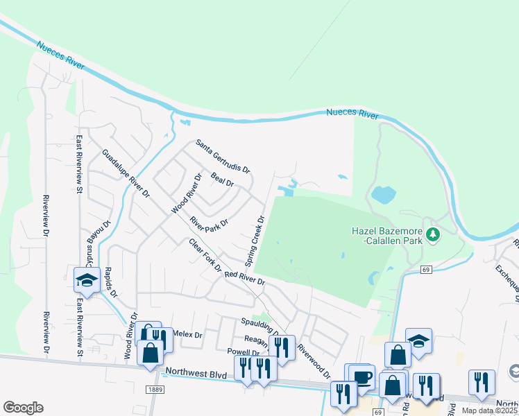 map of restaurants, bars, coffee shops, grocery stores, and more near 4325 Spring Creek Drive in Corpus Christi