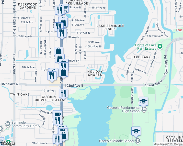 map of restaurants, bars, coffee shops, grocery stores, and more near 10359 Palm Drive in Largo