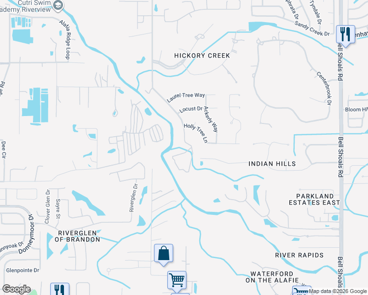 map of restaurants, bars, coffee shops, grocery stores, and more near 4876 Rambling River Road in Brandon