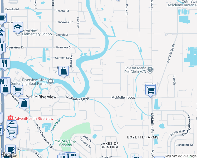 map of restaurants, bars, coffee shops, grocery stores, and more near 510 Riverlawn Park Drive in Riverview