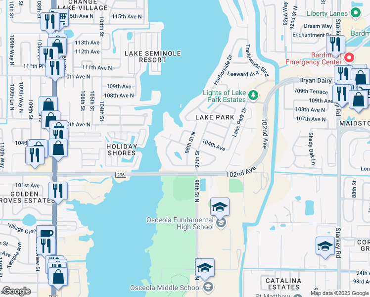 map of restaurants, bars, coffee shops, grocery stores, and more near 10360 98th Street North in Largo
