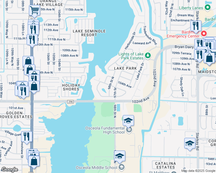 map of restaurants, bars, coffee shops, grocery stores, and more near 10360 98th Street North in Largo
