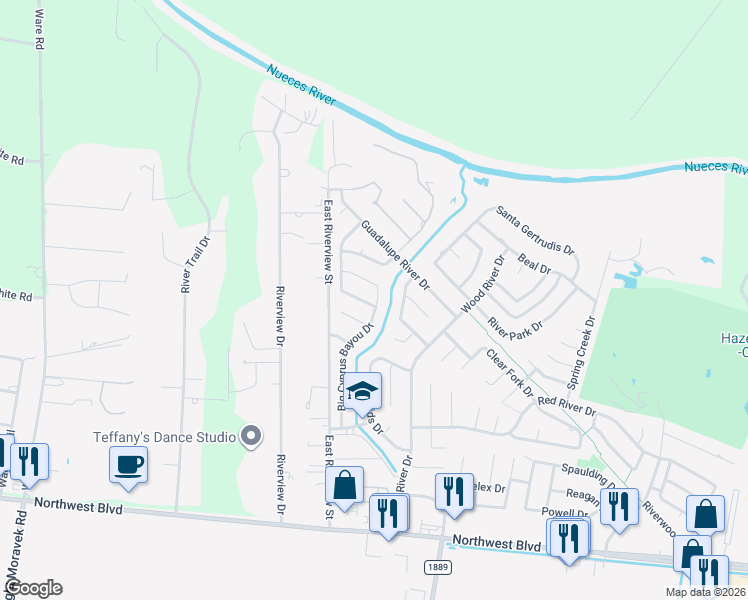map of restaurants, bars, coffee shops, grocery stores, and more near 15401 Ballad Tree Drive in Corpus Christi