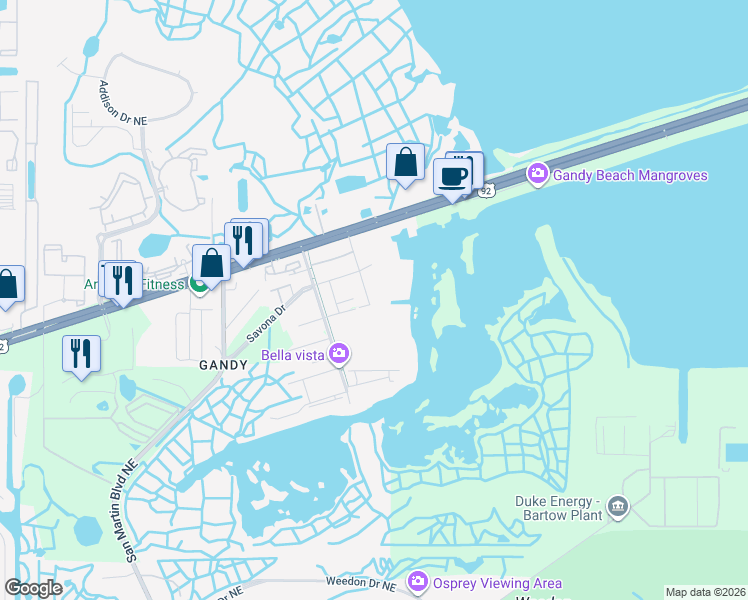 map of restaurants, bars, coffee shops, grocery stores, and more near 10433 San Fernando Drive Northeast in St. Petersburg