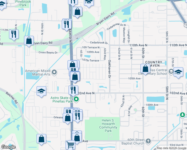 map of restaurants, bars, coffee shops, grocery stores, and more near 66211 Milton Road in Pinellas Park