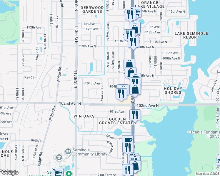 map of restaurants, bars, coffee shops, grocery stores, and more near 10980 104th Avenue in Largo