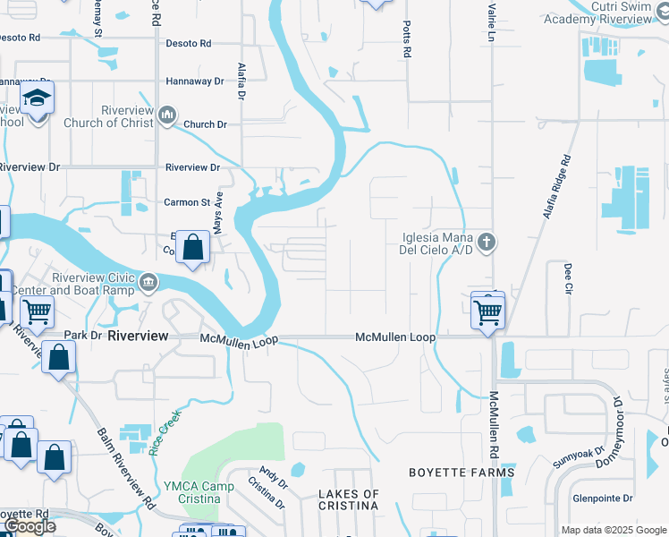 map of restaurants, bars, coffee shops, grocery stores, and more near 8221 Stoner Woods Drive in Riverview
