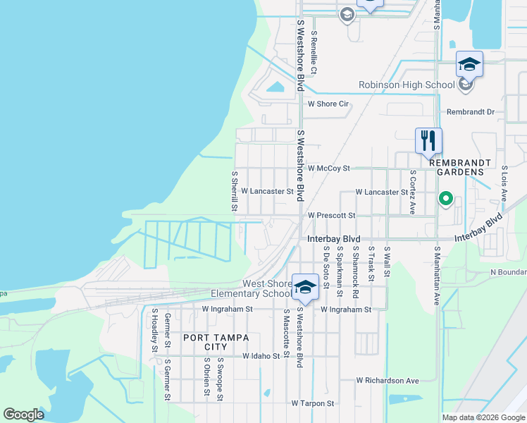 map of restaurants, bars, coffee shops, grocery stores, and more near 4861 West Prescott Street in Tampa