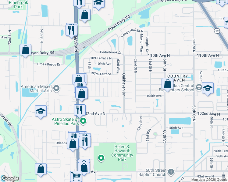 map of restaurants, bars, coffee shops, grocery stores, and more near 66276 Cambridge Road in Pinellas Park