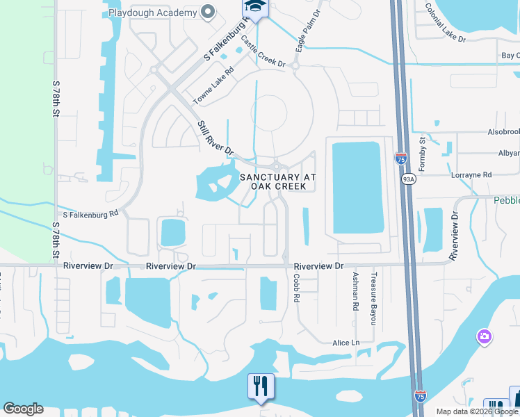 map of restaurants, bars, coffee shops, grocery stores, and more near 7913 Moccasin Trail Drive in Riverview