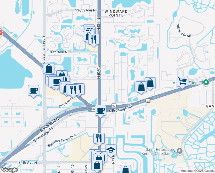 map of restaurants, bars, coffee shops, grocery stores, and more near 10501 3rd Street North in St. Petersburg